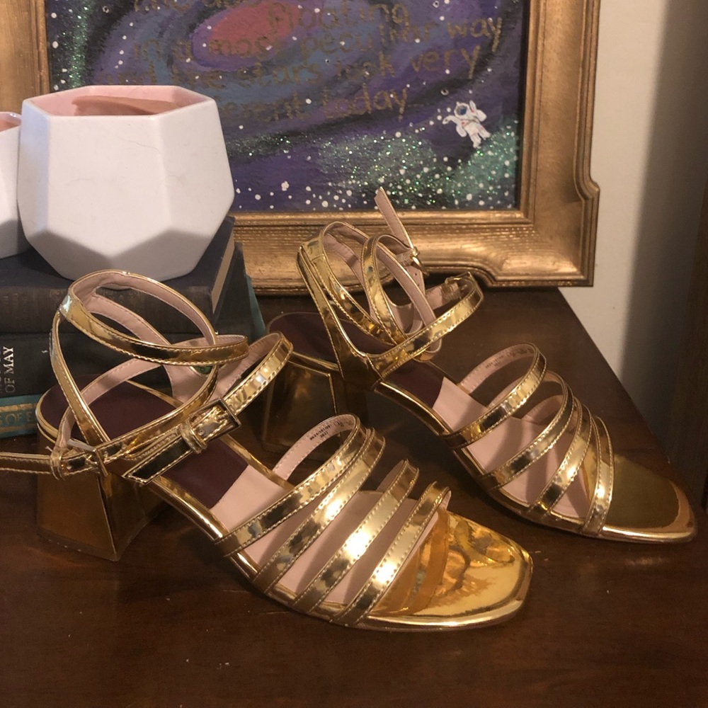 Zara Trafaluc TRF Gold Sandals with Block Heel